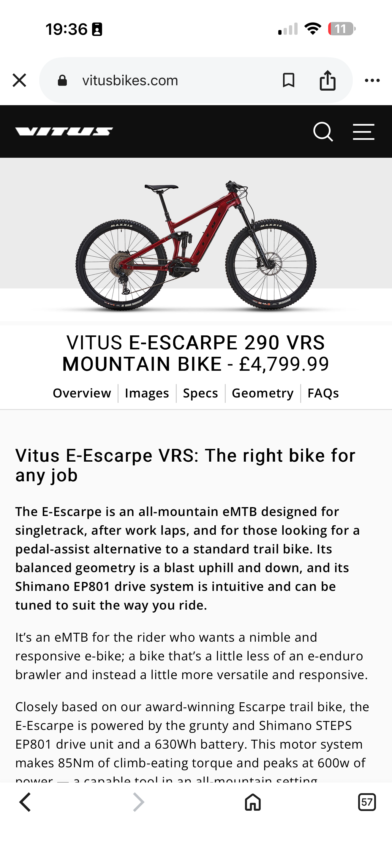 Vitus E-Escarpe 290 VRS electric mountain bike XL 60 miles